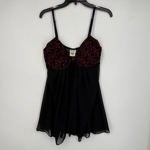 Delicates Womens Large Underwire Bra Nightie Black Mesh Red Heart Embroidery